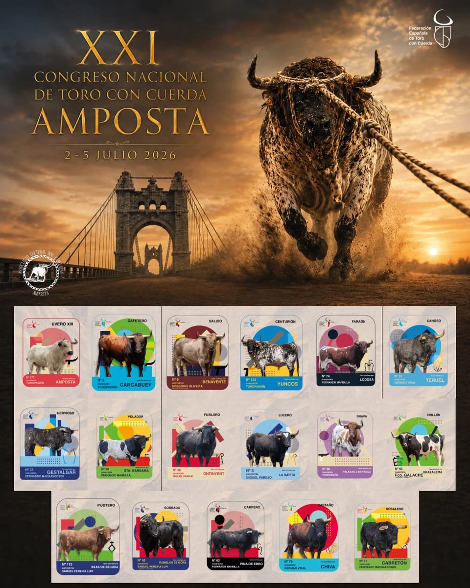 enmaromadotoro's tweet photo. 💥💥 ¡YA ESTÁ AQUÍ EL XXI CONGRESO NACIONAL DE TORO CON CUERDA! 

Aquí os dejamos todos los toros que se lidiarán en la localidad catalana del 2 al 5 de julio 

¡Nos vemos en Amposta!
💛💙

#TorodeCuerda #TorodeVida #CongresoAmposta2026 https://t.co/APKNFYf3JX