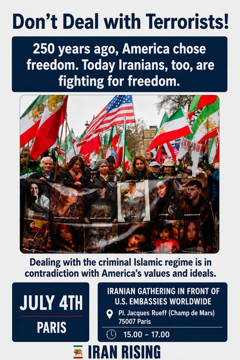 MitraHejazipour's tweet photo. J’invite tous mes amis français à se réunir place Jacques-Rueff, ce samedi 4 juillet, en soutien au peuple iranien et à son combat pour un Iran libre 🇮🇷🇫🇷 https://t.co/I0fC5F1YpV