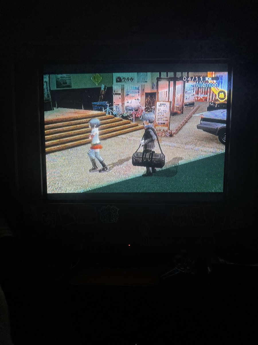 deity70's tweet photo. aspect ratio not perfect, but i got Persona 4 Golden on the crt https://t.co/h7Ljc38HrU