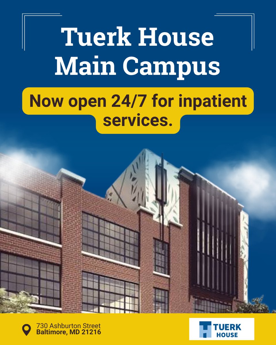 TuerkHouse's tweet photo. Need support? We’re here to help. 💙

Tuerk House’s Main Campus is now open 24/7 for inpatient services. We are located at:
📍 730 Ashburton Street
Baltimore, MD 21216

📣 Help us reach more people in need by sharing this post! https://t.co/PCfTvmdy0X