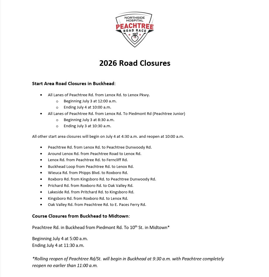 MidtownATL's tweet photo. Peachtree Road Race is right around the corner which means it will be crucial to know how to get around. Courtesy of @atlantatrackclub, here are all road closures starting today and running through Independence Day. https://t.co/o5ZNLy7okp