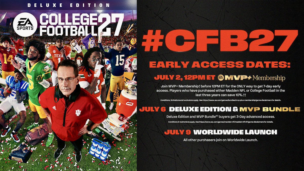 BrandonTierney's tweet photo. I’ve teamed up with @EASportsCollege to give away some College Football ‘27 DLX Edition codes!

Repost and reply with #CFB27 for a chance to win a code.

Don't want to wait?
Become an MVP+ Member TODAY

https://t.co/8SqA4tiRv3 https://t.co/Eh6NW9V3og