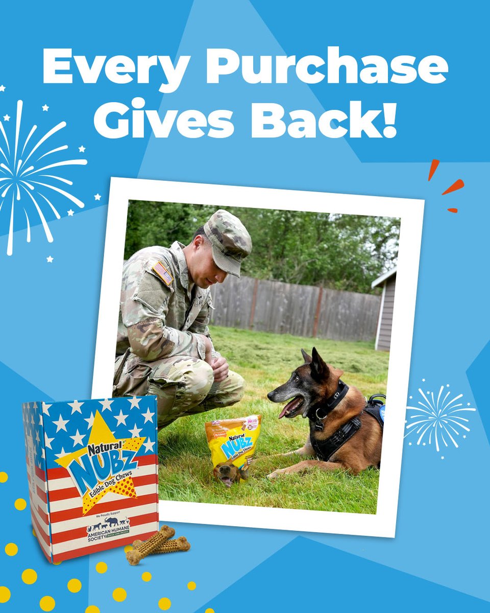 nylabone's tweet photo. Celebrate with treats that give back! 🇺🇸🐾 Our limited-edition red, white, &amp; blue Nubz box includes two 18-count bags of chew treats &amp; helps @AmericanHumane as they reunite military K9s with their former handlers. Order on @Amazon, @Chewy, and @Walmart .com.

#Nylabone #Nubz https://t.co/sNjDP58otR
