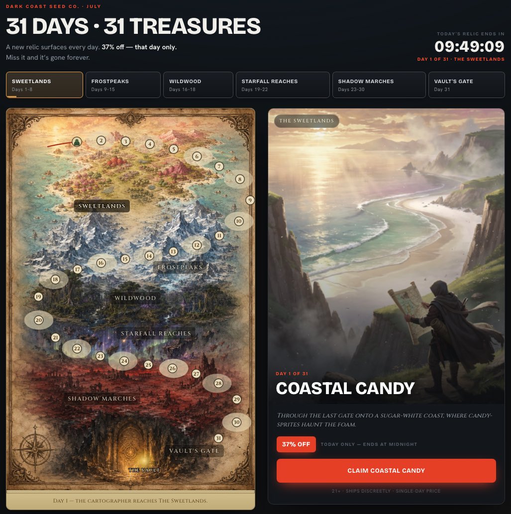DarkCoastSeedCo's tweet photo. Just a reminder that each strain is only on sale for one day! Follow along on the interactive journey. 

https://t.co/HmpAUCudXa

📜 https://t.co/vgkHRQfeAl