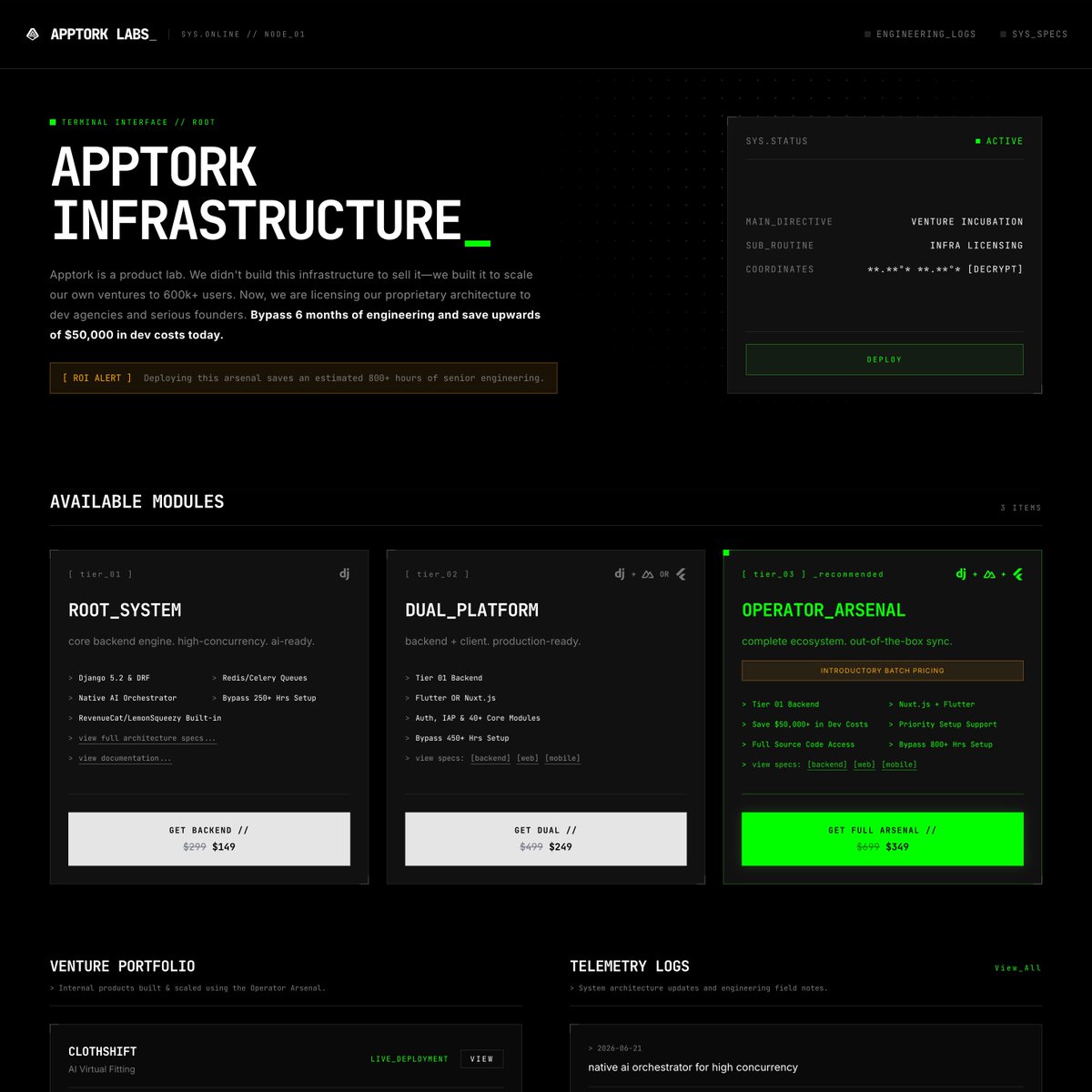 imcanelma's tweet photo. just pushed the new apptork labs site.

the boilerplates on here aren't random. apptork is my venture studio, and this is the exact django 5.2, flutter, and vue/nuxt stack i use to build my own apps.

it skips about 800 hours of dev work. link in profile.

also, no waiting around for manual github invites. you just enter your license key and a custom edge engine gives you repo access instantly. wrote a short note on how i built that on the site.