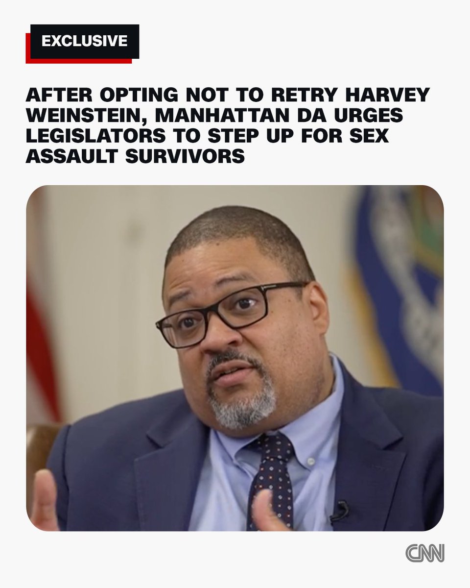 CNNPolitics's tweet photo. Nearly a week after opting not to retry movie mogul Harvey Weinstein on a rape charge, Manhattan District Attorney Alvin Bragg told CNN in an exclusive interview  that legislators will have to act to help survivors of sexual assault get their justice. https://t.co/wQqCFMNXea https://t.co/6UiqK1X1L8