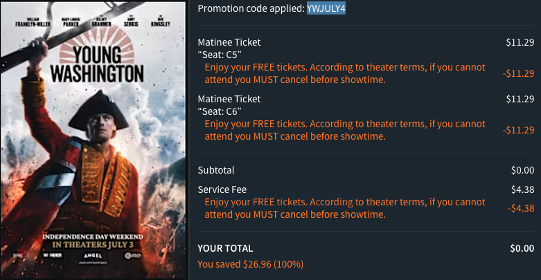 thedealsguy_'s tweet photo. 2-FREE MOVIE TICKETS FOR YOUNG WASHINGTON 🇺🇸

Atom tickets is giving out free tickets right now!

👉 Add 2 tickets then use code: YWJULY4

https://t.co/TaYW4kLs33

#ad https://t.co/prdBAIDE3A
