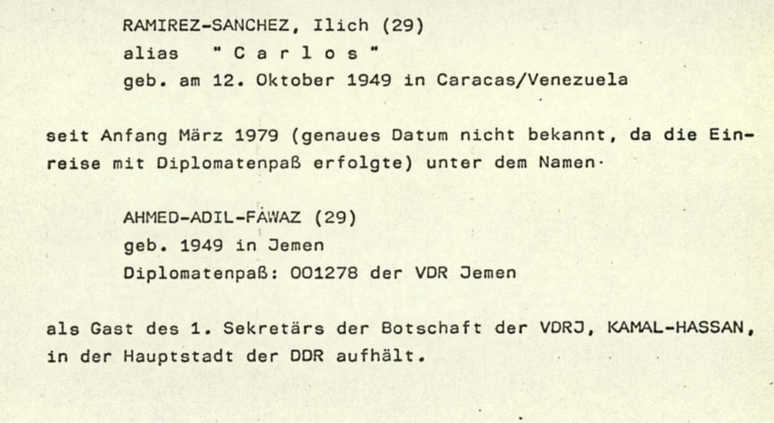 aldnmarki's tweet photo. The former Democratic Yemen literally handed out fake identities and diplomatic passports to any revolutionary that needed it.

This West German intelligence document says Carlos the Jackal entered East Berlin in 1979 using a PDRY diplomatic passport under a Yemeni identity. https://t.co/5jQmpVC8NQ