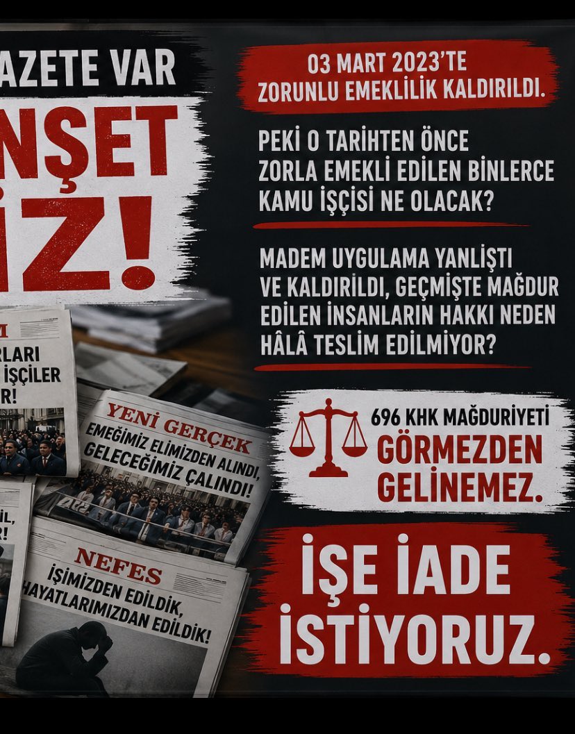 Simia1m4's tweet photo. @SeyhanA73410729 @safiyeotakli @Akparti 696 sayılı KHK ile Zorunlu Emekli edilen işçiler olarak mağduriyet yaşıyoruz 3 Mart 2023'te EYT ile bu zorunluluk kaldırıldı ancak geçmişte mağdur olan bizlerin hakları iade edilmedi.Anayasal çalışma hakkımız için işe iade talep ediyoruz @RTErdogan @isikhanvedat  Lookman #sasa https://t.co/Ap6I2JQi6Q