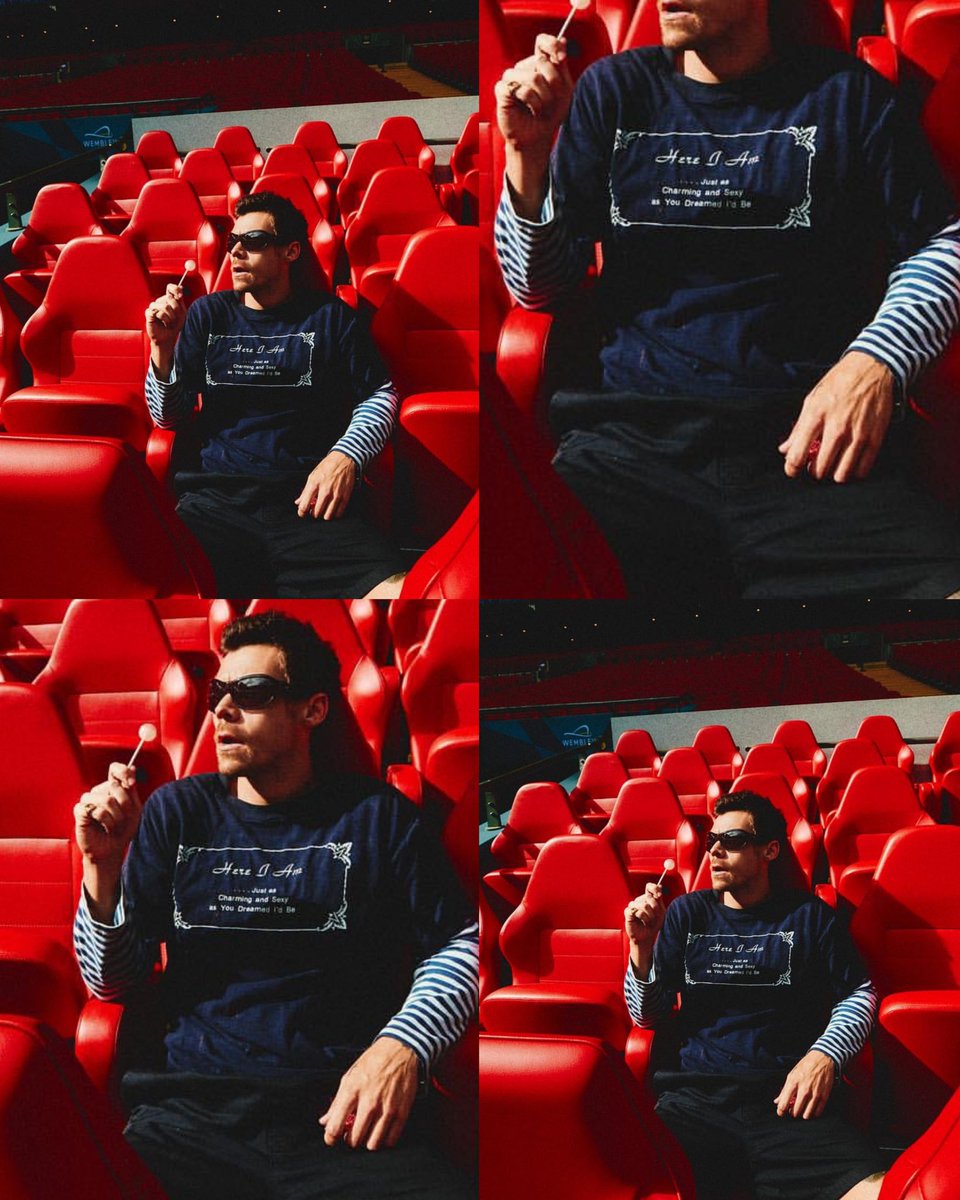 goldenrryhrry's tweet photo. posting this picture wearing THIS shirt "here i am…just as charming and sexy as you dreamed i'd be" with the lollipop in his hand and the manspread and the sunglasses and and and... he is EXACTLY who he thinks he is. all i'm seeing is big dick energy https://t.co/VD7X2fsEKv