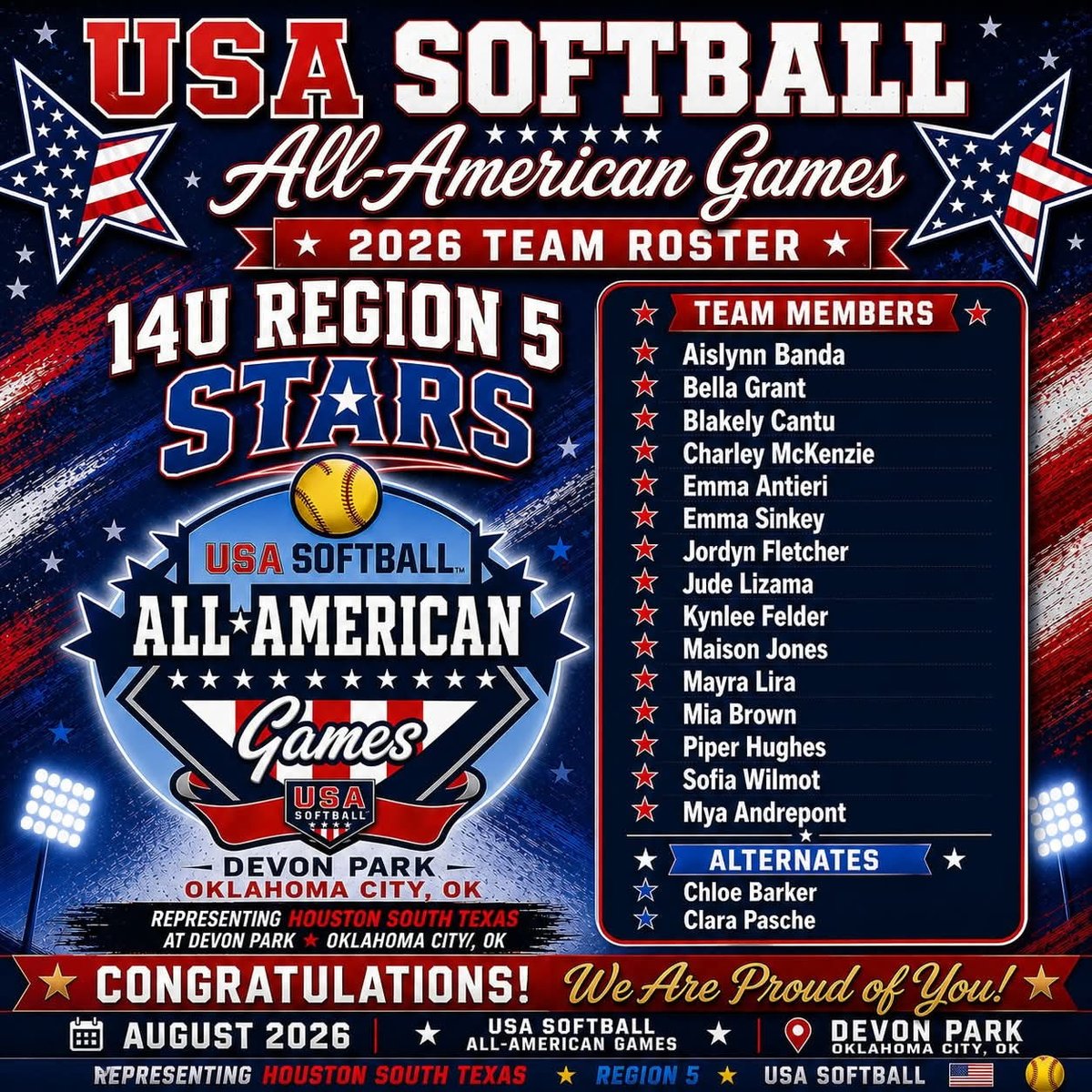 bellagrant2030's tweet photo. Honored to be selected to the USA Softball All-American Team for Region 5.
Im grateful for the opportunity to compete alongside some of the nation's top players and share this experience with 4 of my Hustle teammates 🇺🇸💙. 
@sofia_wilmot @Blakely2030 @JudeLizama2030 @emmaantieri https://t.co/EP5osaJZid