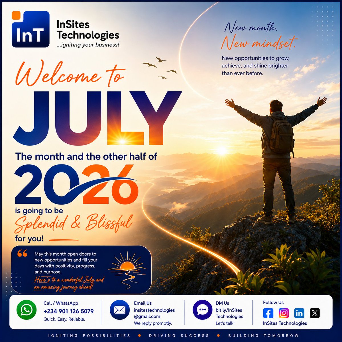 InSites_Tech's tweet photo. 🌟 WELCOME TO JULY! 🌟

A new month. A fresh beginning. New opportunities.

📞 Call/WhatsApp: +234 901 126 5079
📧 Email: insitestechnologies@gmail.com
💬 DM: https://t.co/2ZYeLB3h3q
📱 Facebook | Instagram | LinkedIn | X: InSites Technologies

#WelcomeJuly #HappyNewMonth https://t.co/w3NS6vMEOd