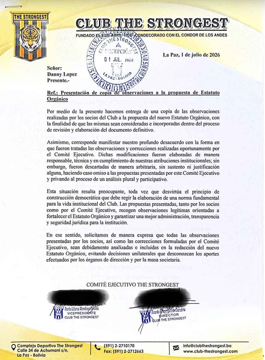 TricardoE's tweet photo. (1/2) Hoy miembros del Comité Ejecutivo del @ClubStrongest26 presentamos una copia de las observaciones realizadas por los socios a los estatutos que serán parte de la orden del día de la Asamblea del próx 11 de julio. https://t.co/zf6KN7OEtW