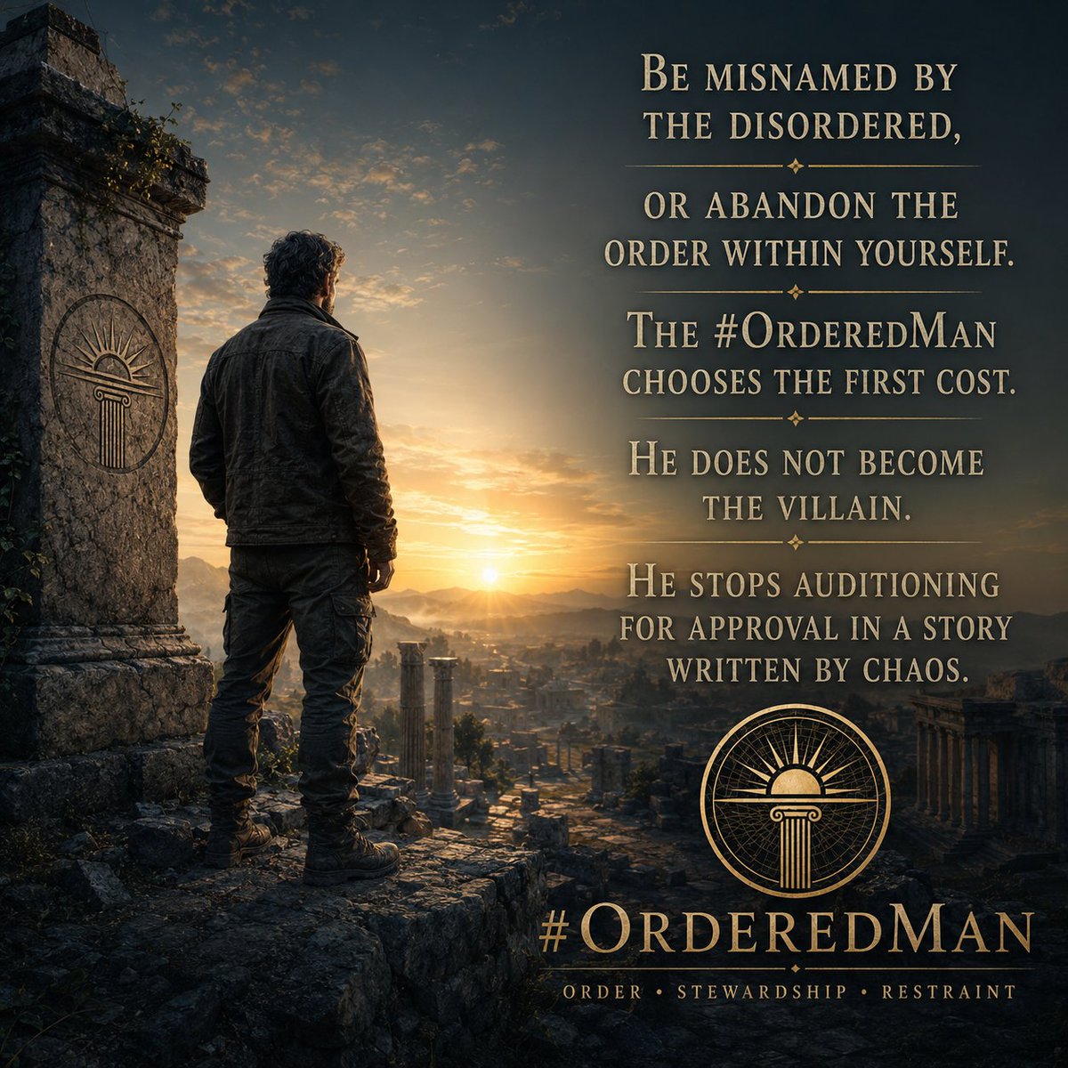IDJoe4Idaho's tweet photo. The #OrderedMan does not live by another man’s story.
Some will call him cruel when he sets a boundary.
Some will call him selfish when he stops bleeding for the ungrateful.
Some will call him dangerous when he remembers his own strength.
That is not his burden to carry.
The healing steward names the pattern without becoming the wound.
He stands without begging to be understood.
He protects his house, his mind, his body, and his mission without hatred.
He knows the price:
Be misnamed by the disordered,
or abandon the order within yourself.
The #OrderedMan chooses the first cost.
He does not become the villain.
He stops auditioning for approval in a story written by chaos.
He stands, heals, builds, and guards the gate.