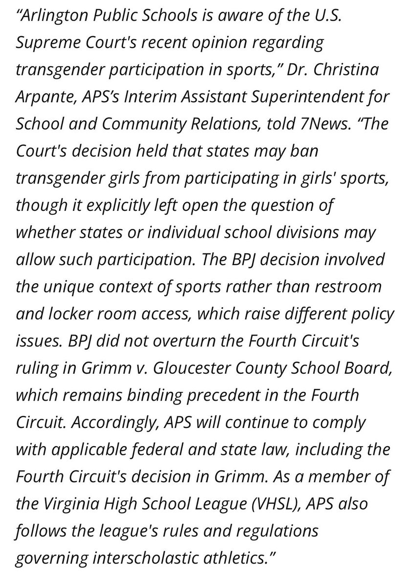 iandprior's tweet photo. Arlington Public Schools just told @NickMinock that Grimm v. Gloucester County is still fully binding precedent in Virginia on Title IX.

The problem is that Grimm held that sex in Title IX included gender identity. 

The Supreme Court just held YESTERDAY that sex in Title IX means sex, not gender identity.

Bad legal take @APSVirginia.