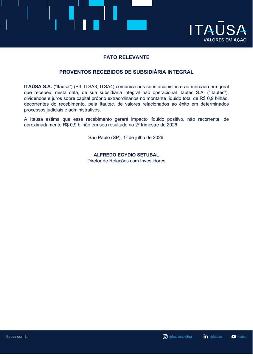 AvisosDaBolsa's tweet photo. ITAUSA S.A. - Proventos recebidos de subsidiária integral #ITSA3 #ITSA4 #PROVENTO https://t.co/QFQ1tcb8Vo