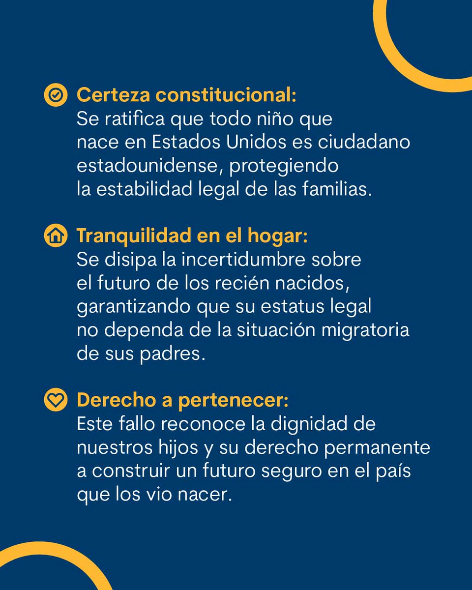 RISEforImm's tweet photo. Una decisión que brinda mayor certeza a millones de familias.

La Corte Suprema de los Estados Unidos reafirmó la protección constitucional de la ciudadanía por nacimiento, manteniendo vigente el derecho establecido en la Enmienda 14. 
#RiseForImmigrants  #Citizenship https://t.co/91gZqRR0a6