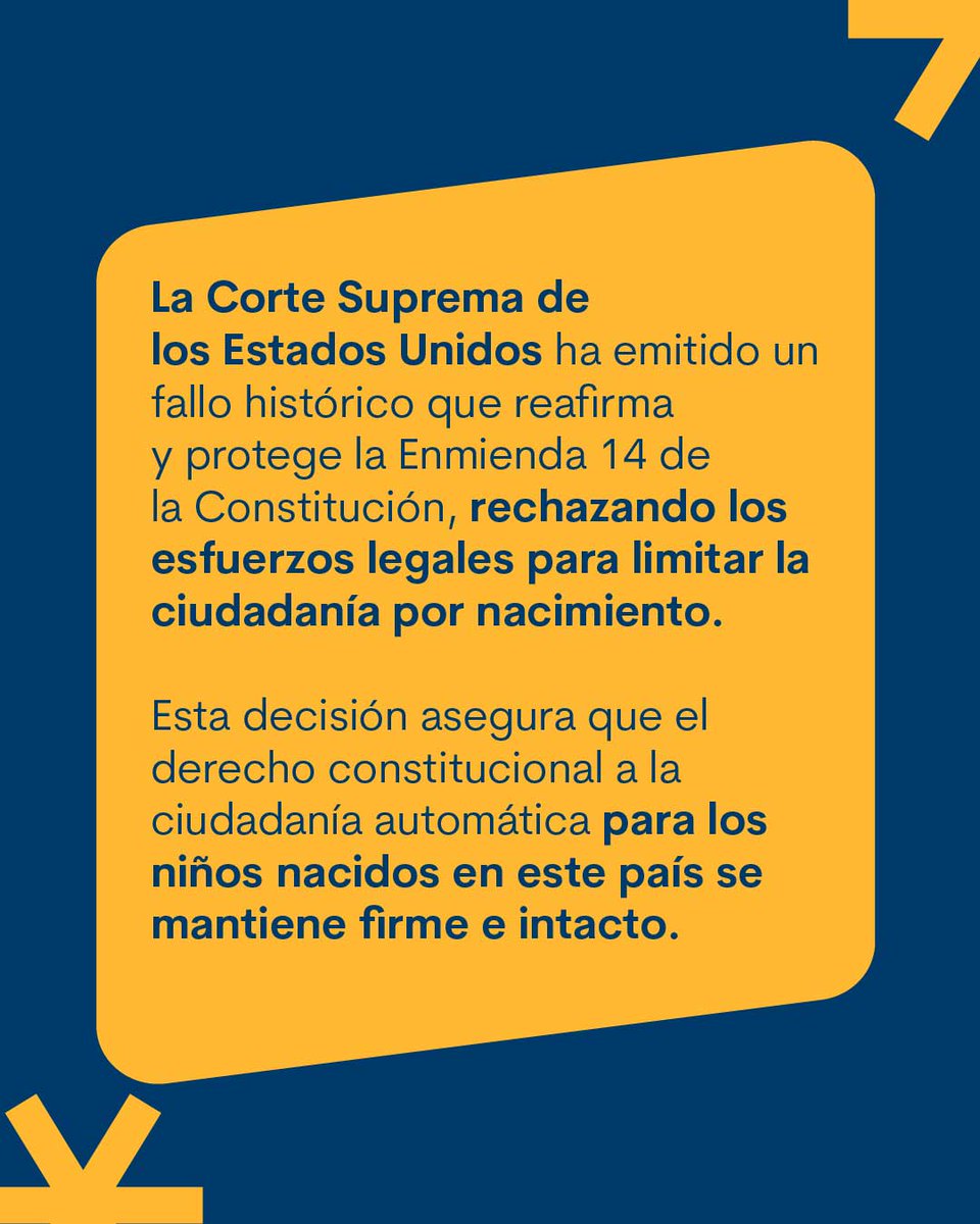 RISEforImm's tweet photo. Una decisión que brinda mayor certeza a millones de familias.

La Corte Suprema de los Estados Unidos reafirmó la protección constitucional de la ciudadanía por nacimiento, manteniendo vigente el derecho establecido en la Enmienda 14. 
#RiseForImmigrants  #Citizenship https://t.co/91gZqRR0a6