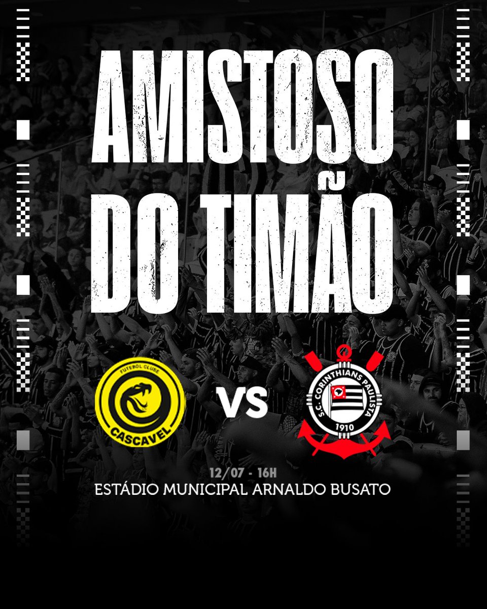 Corinthians's tweet photo. O Timão segue sua preparação para o segundo semestre de jogos e você pode ver o #TimeDoPovo de volta aos gramados já nesta pré-temporada! 

⚽ FC Cascavel x Corinthians
⏰ 16h (horário de Brasília)
🏟️ Estádio Olímpico – Cascavel / PR
🎟️ Garanta agora seu ingresso 👉🏽 https://t.co/SOsBByjzyq

🖤 Compre o Ingresso Solidário e garanta 50% de desconto no valor do ingresso mediante a doação de 1kg de alimento não perecível, entregue na entrada do estádio no dia da partida.

👥 Crianças, idosos, professores, militares, doadores de sangue e todas as categorias previstas por lei possuem direito à meia-entrada.

⚠️ Crianças até 2 anos não pagam.

#VaiCorinthians