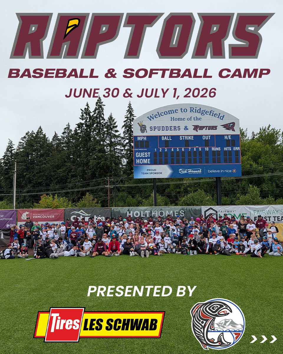RRaptorsBB's tweet photo. That's a wrap on the Raptors first Youth Baseball and Softball camp of the summer  ⚾
Thank you to all of the young athletes who joined us the past two days to develop your skills 💪

And a BIG thanks to @lesschwab and The Cowlitz Indian Tribe for making our youth camps possible! https://t.co/zS6DKyZukD
