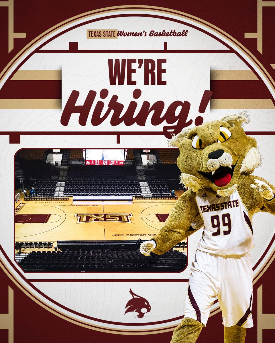 TXStateWBB's tweet photo. 🏀We’re hiring a Graduate Assistant!🏀 

Join our staff in the new ℙ𝕒𝕔-𝟙𝟚 era. Candidates should have experience using Synergy as well as film, video &amp; creative software. 

📩 hannamacer@txstate.edu

#EatEmUp https://t.co/4ngFrFR1iQ