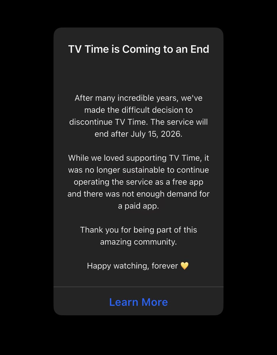Kulturlesite_'s tweet photo. 🚨 OFFICIEL 

L’application « TV TIME » annonce officiellement sa fermeture à partir du 15 JUILLET !! https://t.co/VHCgFGkujP