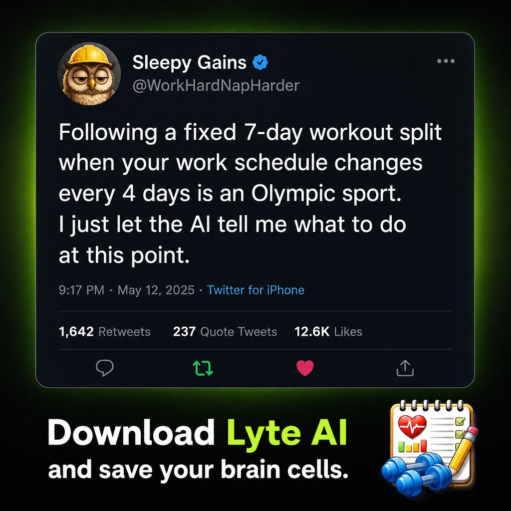 CjlyteJason's tweet photo. standard 7-day gym splits are a joke if you work rotating shifts. trying to force monday-chest day when your schedule changes every 4 days is actual torture. just let the AI do the math so you can actually lift. https://t.co/xpHnSw8UQG