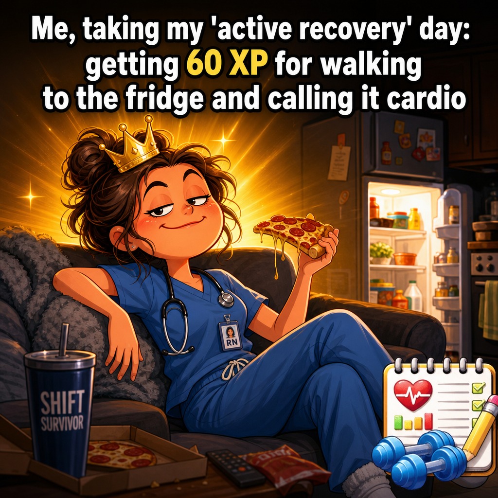 CjlyteJason's tweet photo. walking to the fridge absolutely counts as cardio on a rest day. grab your 60 XP and wear that crown. you survived the shift, now you just have to survive the couch. #activerecovery #nurselife https://t.co/suRk3jABgt
