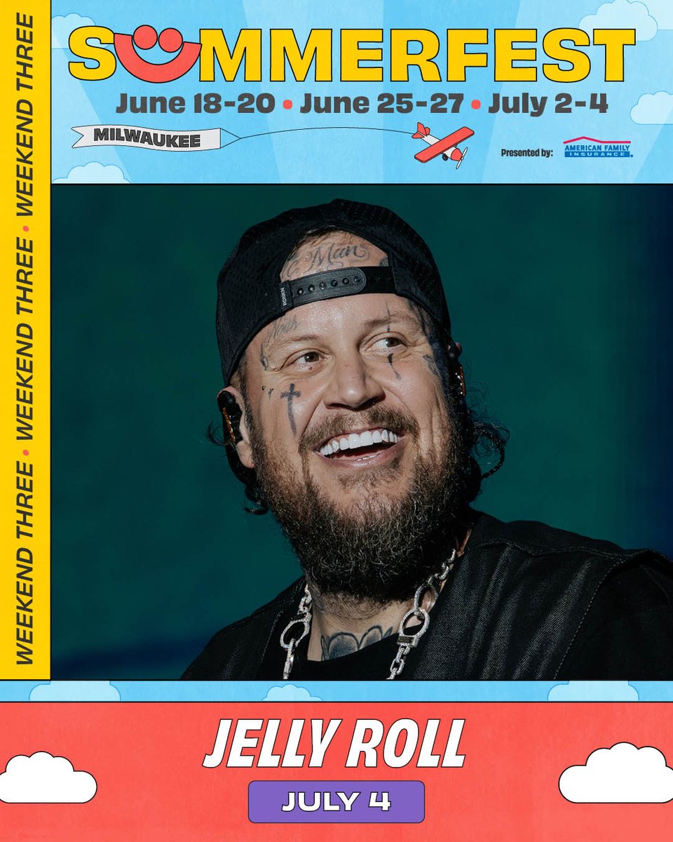 Summerfest's tweet photo. No 4th plans? Jelly Roll is coming to town with two additional opening acts!👀

Sunny Black &amp; Ethan Burdick are joining Jelly Roll, Tyler Hubbard, &amp; Three 6 Mafia this Saturday!

Get tickets: https://t.co/RrjixedxH7 https://t.co/oL65zvFGm5