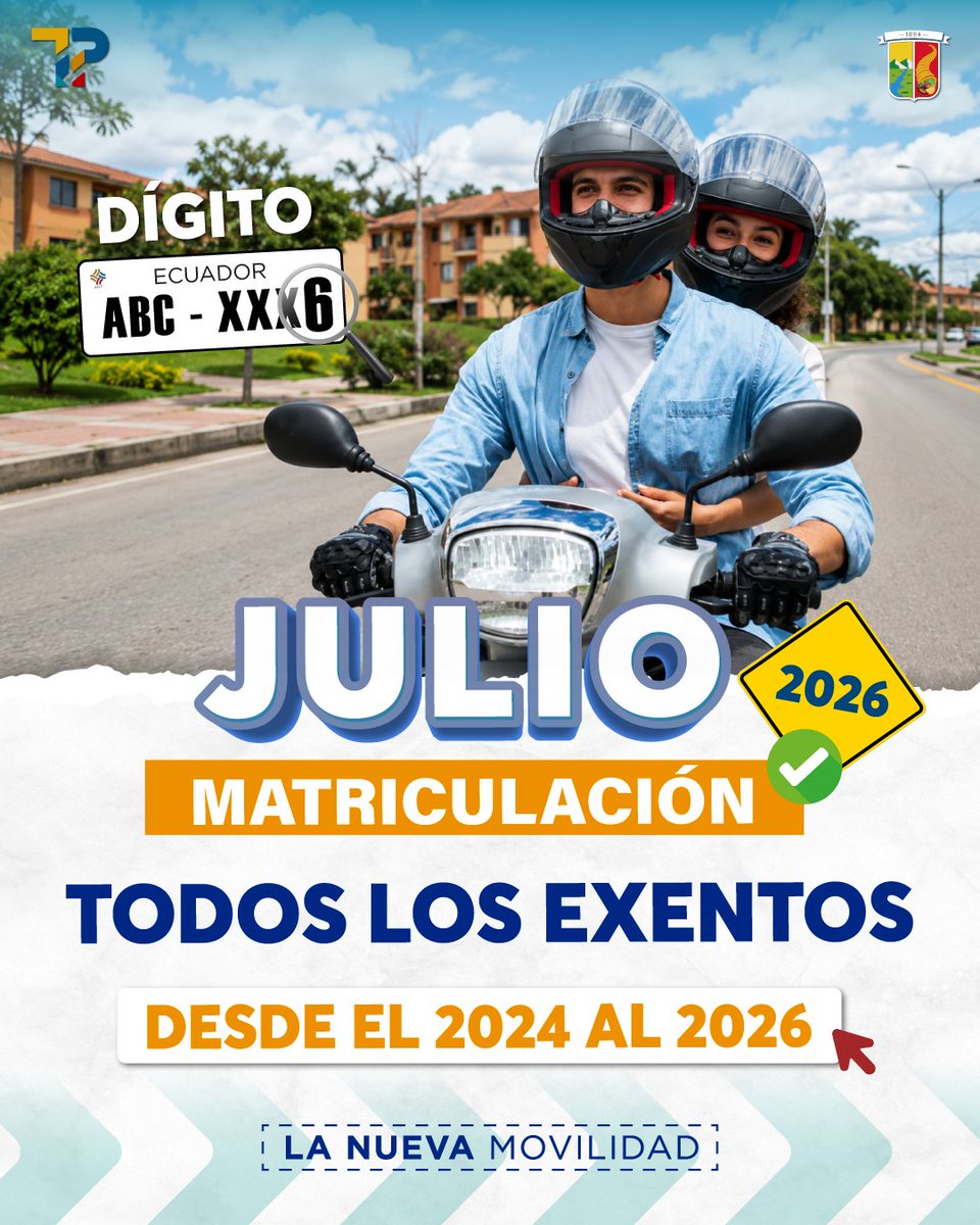 TransitoPasaje's tweet photo. JULIO - EXENTOS DÍGITO6️⃣
.
📅 Durante el mes de JULIO todos los exentos deberán realizar la matriculación vehicular, los usuarios cuyo último dígito de la placa de su vehículo sea6️⃣
.
Recuerda solo exentos del 2024 al 2026✅👨‍💻
.
Evite recargos por calendarización
Acude con tiempo https://t.co/oqlQFulbLq