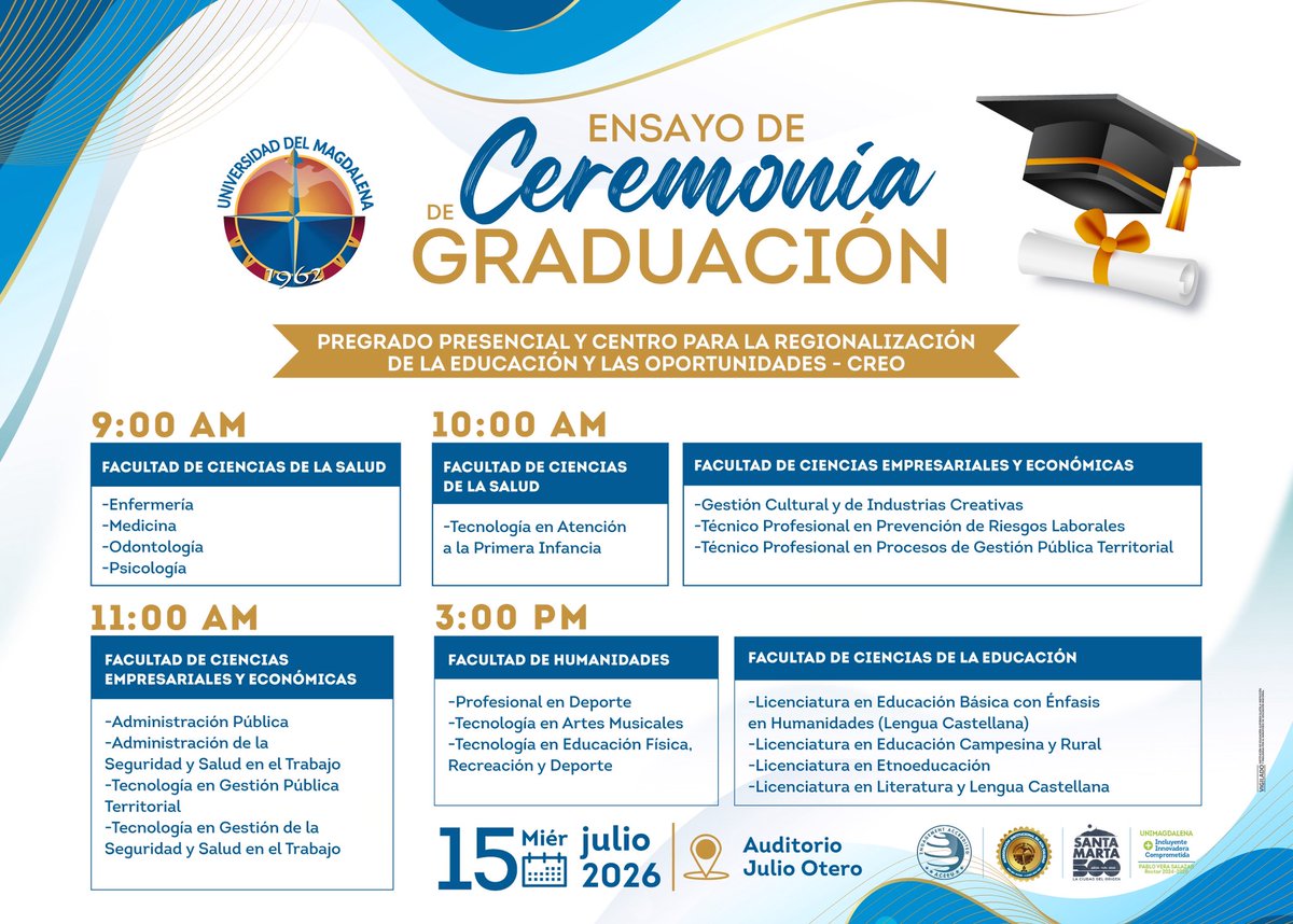 Unimagdalena's tweet photo. 🎓✨ Este 17 de julio viviremos cuatro jornadas de grados de los programas de pregrado presencial de nuestra Facultad de Ciencias de la Salud, y de las modalidades a distancia, virtual e híbrido del @CreoUnimag.

📋 Desliza las imágenes y conoce los detalles. 🔜
#GradosUM https://t.co/2NBtVAeo9P