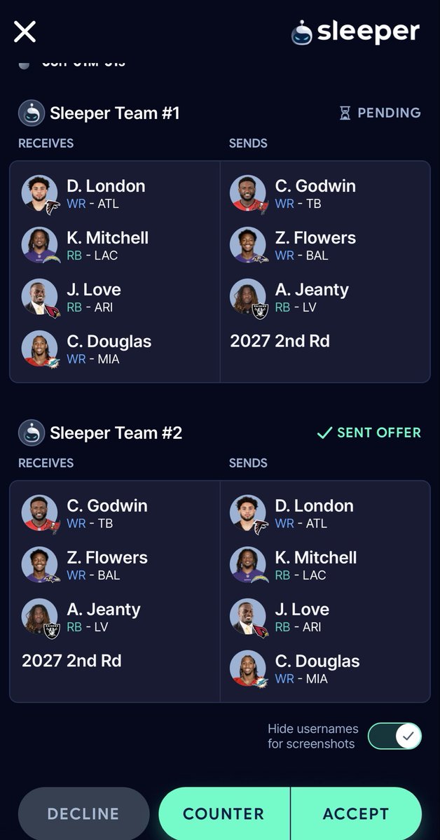 BToldy23's tweet photo. @AddisonHayes_ glad I found your new handle! Thoughts on this offer in 12x14 sf ppr dynasty. I'm torn with Jeanty in a better situation currently but getting London might offset that. I also have Hampton as to why I'd be getting Mitchell. https://t.co/p9ffgmdxrG