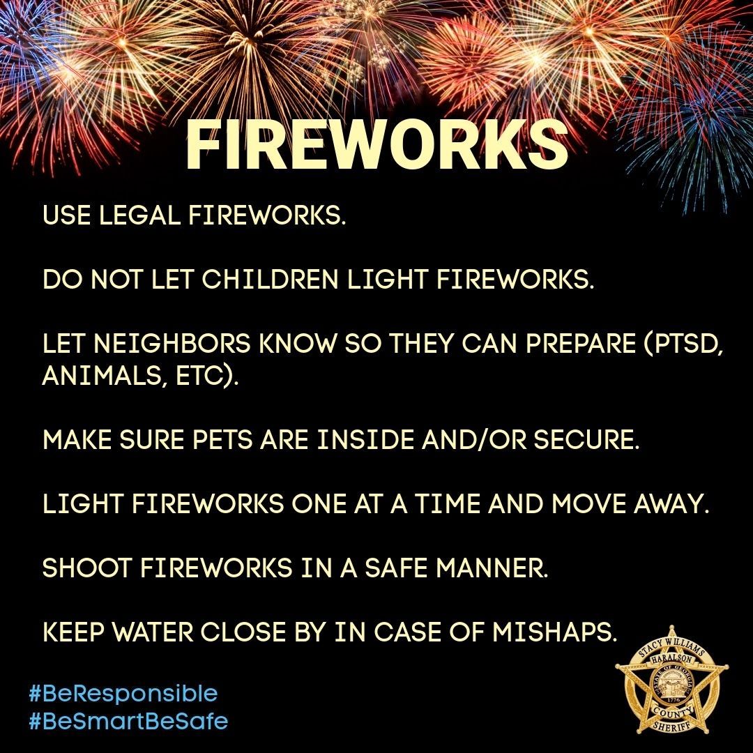 HaralsonSheriff's tweet photo. Please keep these fireworks safety tips in mind as you celebrate this weekend.
We want EVERYONE to have a safe, wonderful Independence Day weekend!
#FireworksSafety
#BeResponsible
#BeSmartBeSafe
#July4thWeekend
#HCSO https://t.co/9giao4fxOG