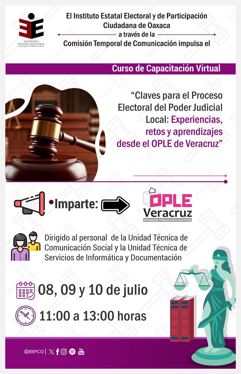 IEEPCO's tweet photo. ⚖️🗳️El #IEEPCO, a través de la Comisión de Comunicación impulsa el curso de capacitación "Claves para el Proceso Electoral del Poder Judicial Local: Experiencias, retos y aprendizajes desde el OPLE de Veracruz", como parte de la formación y capacitación permanente del personal. https://t.co/QyCiUp8azU