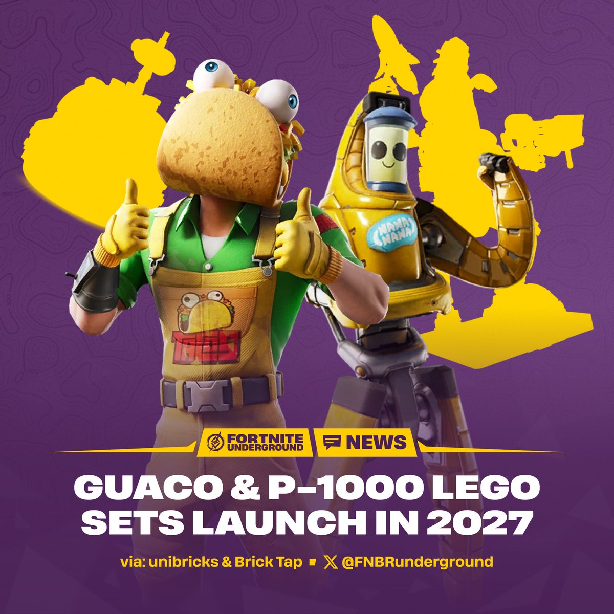 FNBRunderground's tweet photo. New LEGO #Fortnite sets launch in retailers next year 🌮 

The 2027 wave of sets will include the Guaco Taco ($20) and P-1000 ($100), likely built at a scale similar to the Durrr Burger and Peely Bone sets released in 2023.

📰 unibricks &amp; Brick Tap https://t.co/KAnHXAcysl