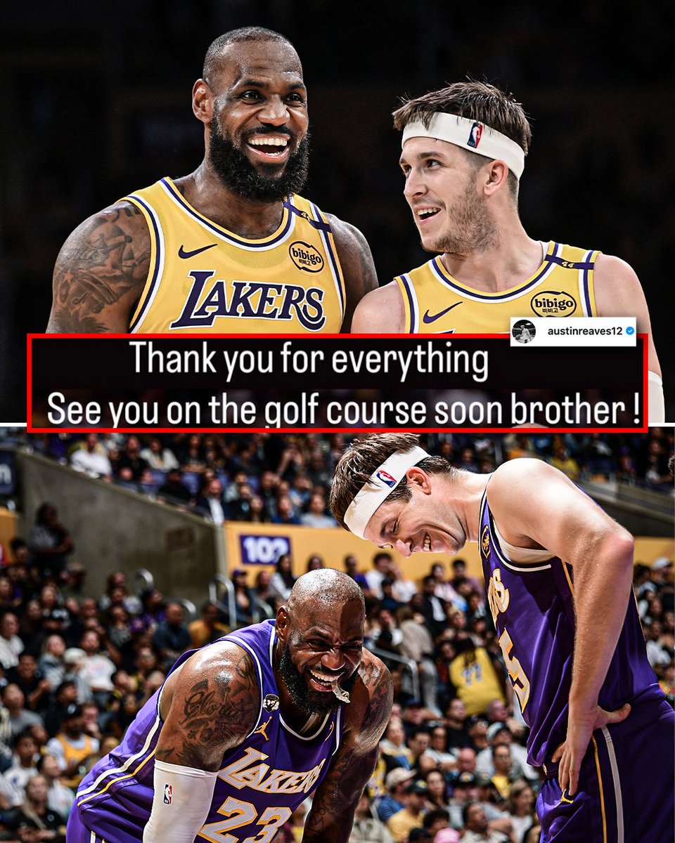 SportsCenter's tweet photo. Austin Reaves says farewell to longtime Laker teammate LeBron James with a nod to hit the links 😂

Reaves called LeBron a teammate in all 5 seasons of his NBA career 💜 https://t.co/4AoMA3FyhR