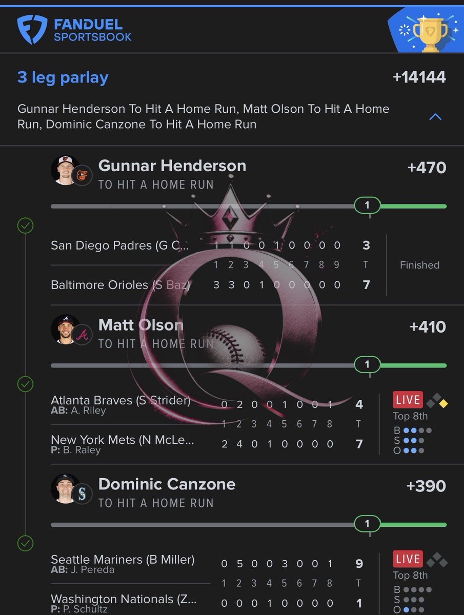 Queen_of_Props's tweet photo. I used to guess on home run props like everyone else.

Then I built a method that only plays when the pitcher AND the batter both check out — never just one.

These are just a few of the tickets it's produced. 

Full method — free, right now.

Comment "HOTBAT" and it's yours 👇

👑 The crown doesn't lie