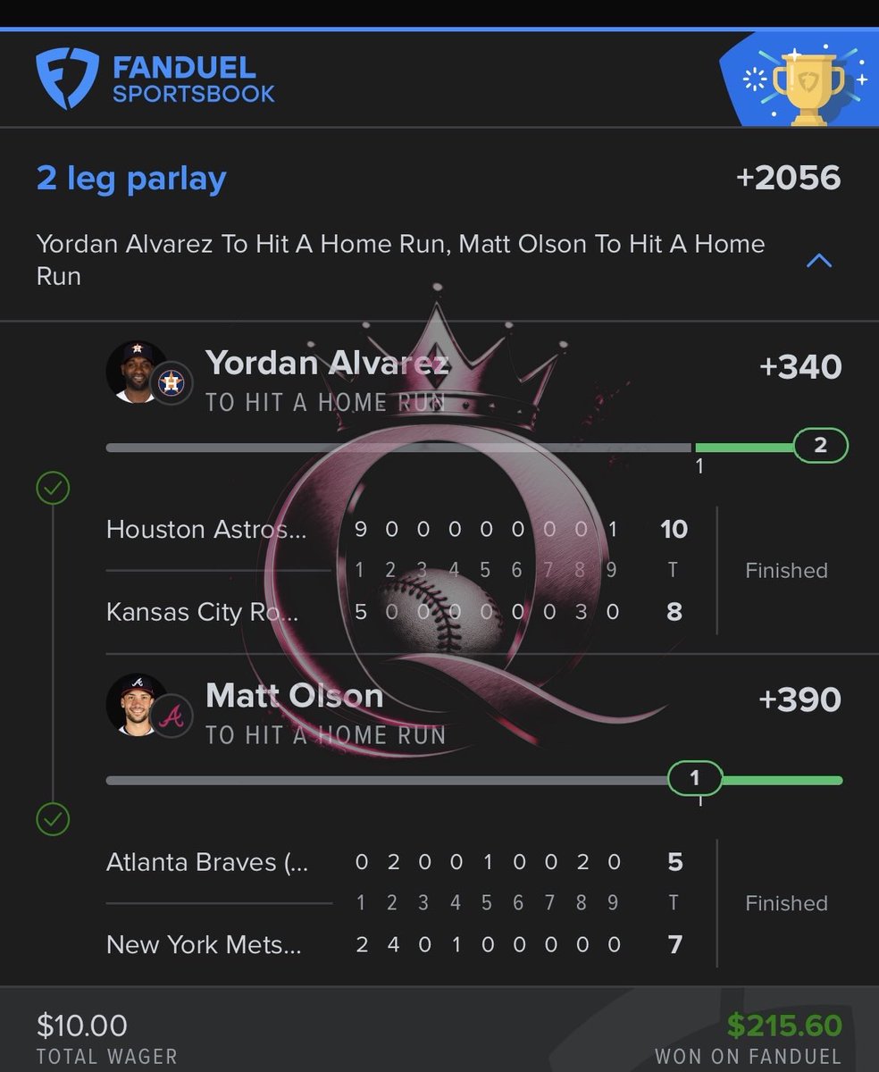 Queen_of_Props's tweet photo. I used to guess on home run props like everyone else.

Then I built a method that only plays when the pitcher AND the batter both check out — never just one.

These are just a few of the tickets it's produced. 

Full method — free, right now.

Comment "HOTBAT" and it's yours 👇

👑 The crown doesn't lie