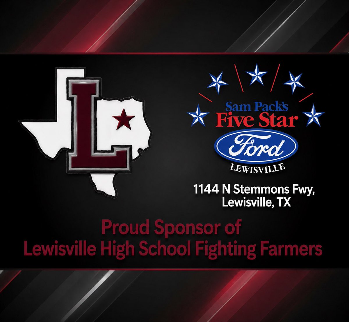 LHSFball's tweet photo. We are thankful for great sponsors like Sam Pack’s Five Star Ford of Lewisville who believe in the Fighting Farmer mission. #ForTheLew https://t.co/S6MynRiHGR
