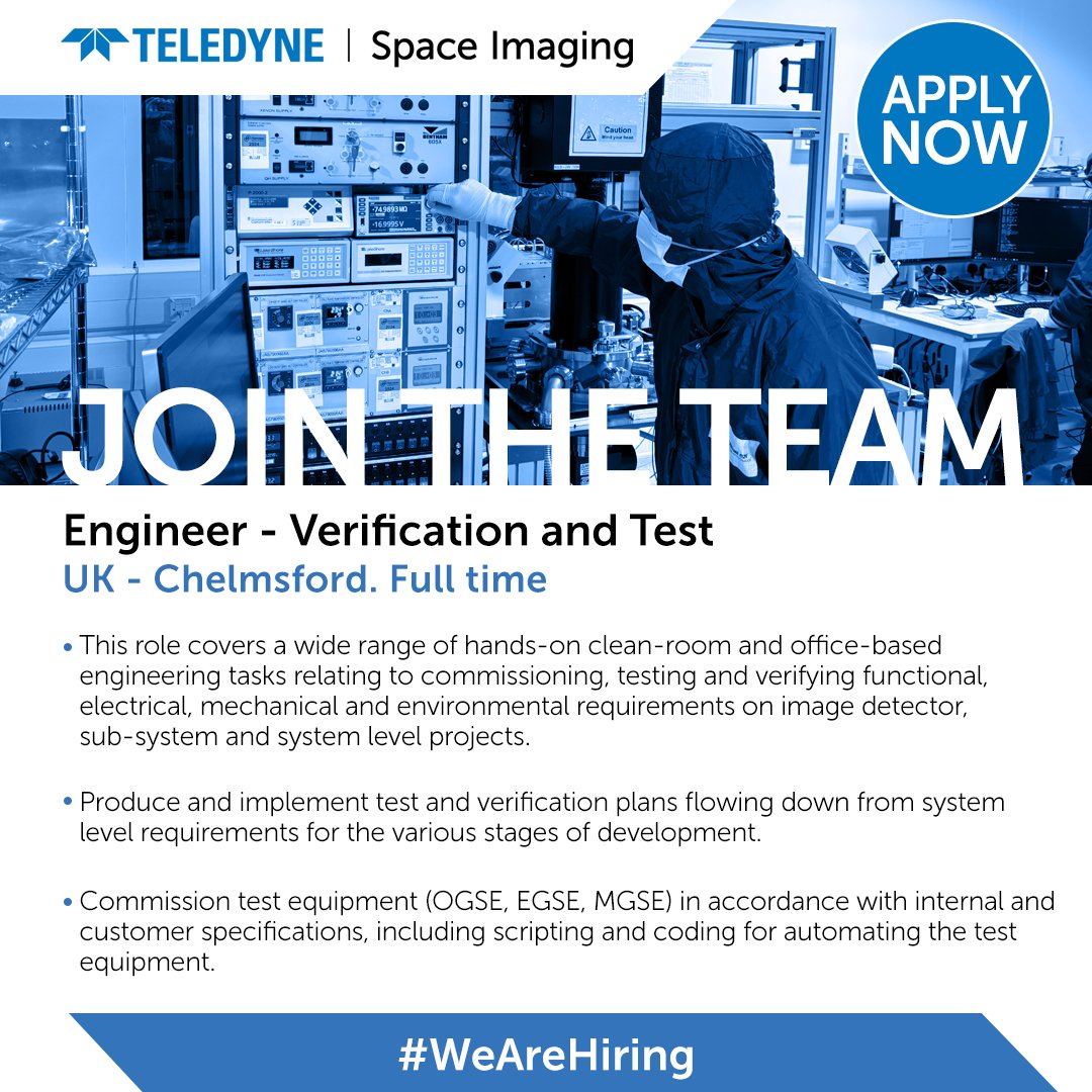TeledyneSI's tweet photo. 🚀 Love space tech &amp; testing? We’re hiring a Product Verification &amp; Test Engineer in Chelmsford, UK. 

👉 https://t.co/vfRctdr1bm 

#WeAreHiring #SpaceCareers #Jobs #Careers #STEM #Teledyne #NewJob #Hiring https://t.co/jnlDDtbebh
