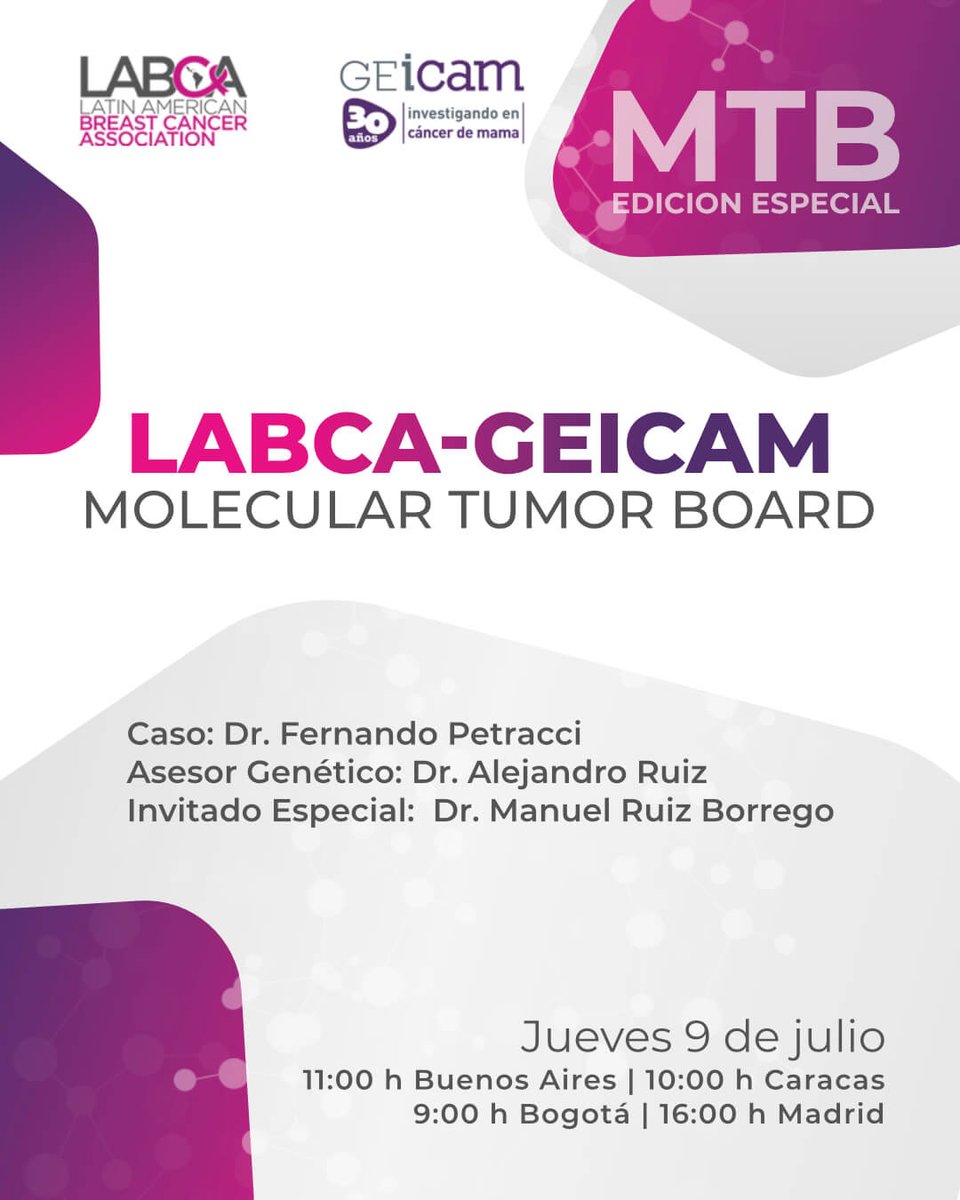 labca_ok's tweet photo. 🧬 Llega una edición especial del LABCA–GEICAM Molecular Tumor Board.

📅 Jueves 9 de julio.

Conozca todos los detalles en nuestra web.

🔗 https://t.co/n9KWphB0qf

#LABCA #GEICAM #MTB #CancerDeMama https://t.co/46eJdmoVlN
