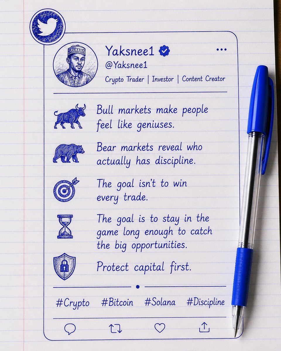 yaksnee1's tweet photo. Bull markets make people feel like geniuses.
Bear markets reveal who actually has discipline.
The goal isn't to win every trade.
The goal is to stay in the game long enough to catch the big opportunities.
Protect capital first. #BTC #SOL #CRYPTO #ANSEN https://t.co/hDp2ukByOi