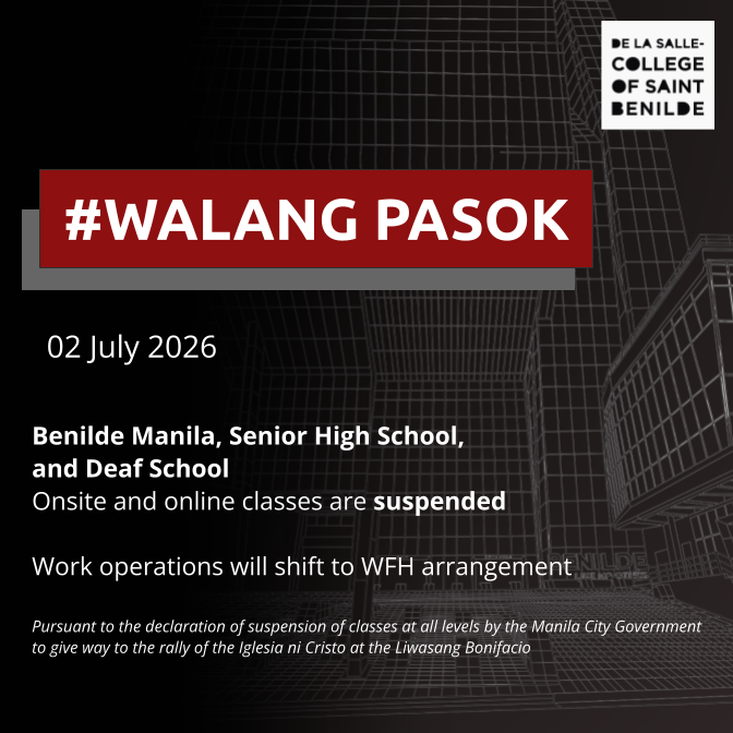 BenildeNews's tweet photo. Pursuant to the declaration of suspension of classes at all levels by the Manila City Government to give way to the rally of the Iglesia ni Cristo at the Liwasang Bonifacio, Benilde Manila, SHS and Deaf School classes (onsite and online) are suspended. #WalangPasok https://t.co/4lL7MZ8A04