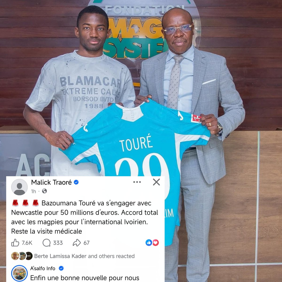 LKsportif's tweet photo. Si A'salfo Infos est content, c'est parce que Bazoumana Touré a évolué à l'académie Magic System avant d'aller à ASEC. A partir de 12 ans, c'est au moins 0,25% du montant du transfert à empocher (environ 80 millions de FCFA) par année de formation. 🥰 https://t.co/N9SED0rthy