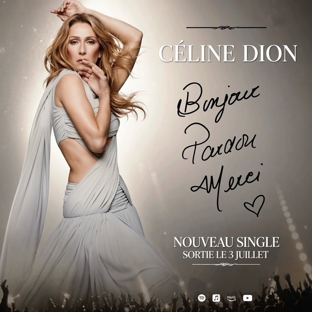 NewsDion's tweet photo. ⌛️⏰ L’attente est bientôt terminée !
Le nouveau single de Céline Dion « Bonjour Pardon Merci » sort dans moins de 2️⃣4️⃣ heures 🇫🇷
Dès ce soir à minuit, la chanson sera disponible sur les plateformes de streaming
Vous êtes prêts ? ✨
#CelineDion #BonjourPardonMerci #NewsCelineDion https://t.co/DtS3Aa4E0e
