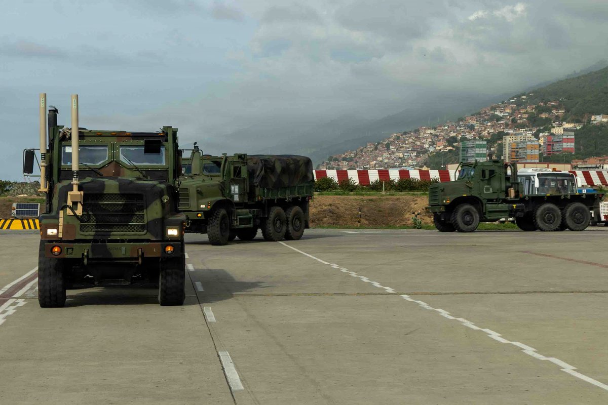 Southcom's tweet photo. Venezuela earthquake relief: Medium tactical vehicle replacements attached to the @USMC Combat Logistics Battalion 8, Littoral Combat Force-24 participate in a resupply convoy in La Guaira, Venezuela June 30, 2026.

At the direction of #SOUTHCOM, U.S. military forces are supporting @StateDept-led U.S. government relief operations following the devastating earthquakes that struck the nation on June 24, 2026.

@DeptofWar @The24MEU @WHAAsstSecty @USForeignAssist @USAenEspanol @usembassyve