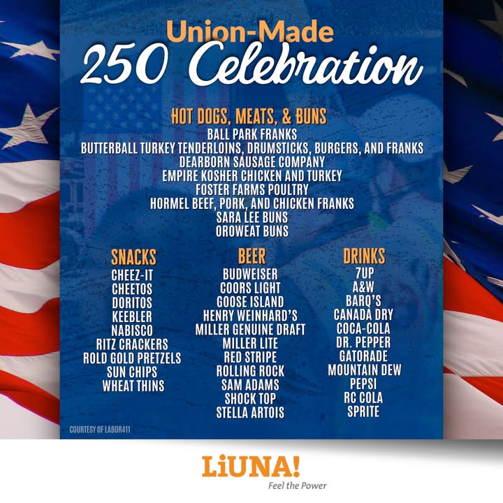 LiUNA264's tweet photo. From the grocery aisle to the grill, choose #UnionMade this Independence Day. Support the workers who help put quality food and beverages on our tables.
#LIUNA #BuyUnion #FeelThePower https://t.co/ISsimPfSGx