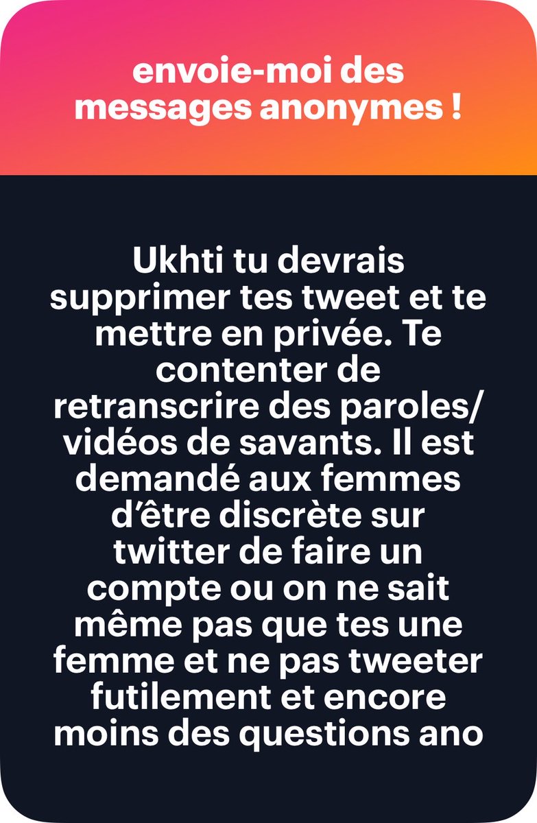 hurija_'s tweet photo. Ma sœur sache que je ne prends pas du tout mal ton rappel et qu’Allah m’en préserve de mal les prendre un jour
Au contraire, j’apprécie beaucoup ! 
Tu as totalement raison, baarakAllahu fiki 
Qu’Allah t’élève en degré. De mon côté, je vais aller me remettre en question https://t.co/OBbvcBxYGN