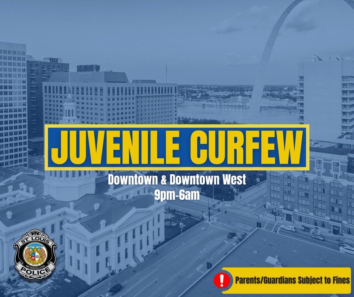 SLMPD's tweet photo. Public safety is a shared responsibility.

Beginning July 3, a modified youth curfew will be in effect in Downtown and Downtown West from 9:00 p.m. to 6:00 a.m. through September 8. We encourage parents and guardians to help ensure young people are where they are supposed to be during curfew hours.

Parents will be held responsible for the behavior of their children.