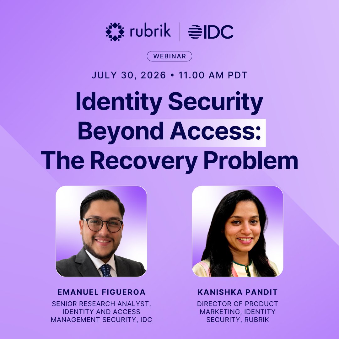 rubrikInc's tweet photo. Cut identity recovery time from months to mere hours!

Join us for a live webinar with IDC analyst Emanuel Figueroa and Rubrik's Kanishka Pandit as they unpack IDC's new Vendor Profile on Rubrik Identity Security, and discover what "recovery certainty" actually requires: https://t.co/irxWLAFkgZ